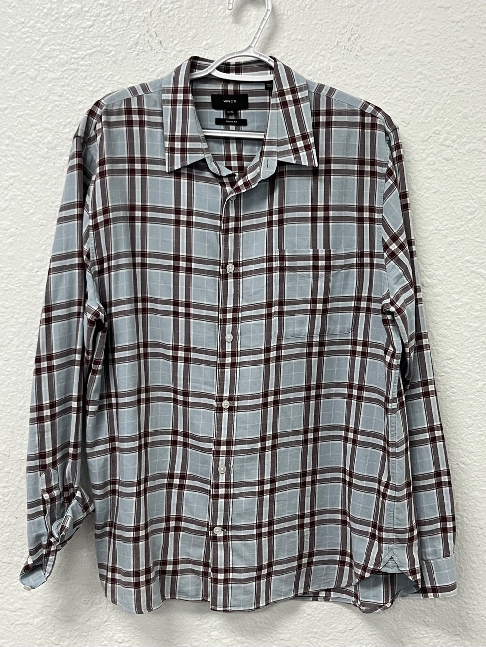 Vince Light Gray and Burgundy Plaid Button-Down Shirt#1230